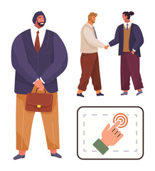 Businessman holding briefcase, two colleagues shaking hands, and a hand tapping a touchpoint. Ideal for teamwork, networking, leadership, decision-making, career growth, collaboration and workplace