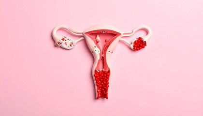 Obraz premium Stylized uterus with red dots representing tissue growth on a soft pink background