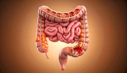 Inflamed intestinal pouches illustrate diverticulitis condition on brown background