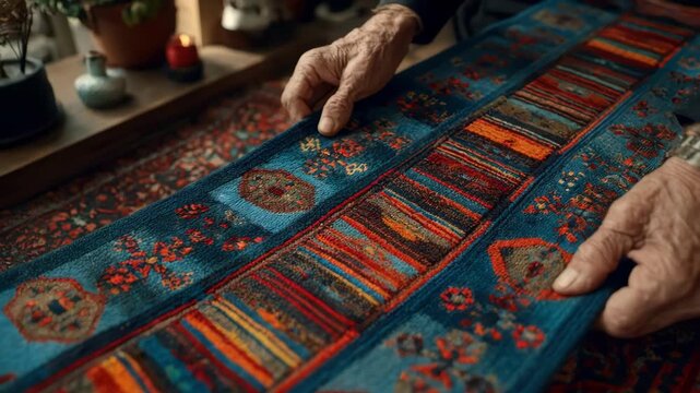 Medium shot of artisan hands fitting vibrant custom carpet inlays showcasing intricate traditional patterns in a warm cozy room setting.