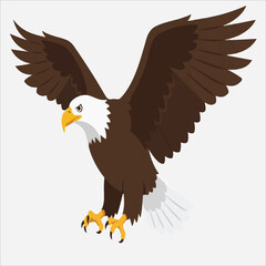 Fototapeta premium Illustration of a brown bald eagle with outstretched wings and sharp talons on a plain white background.
