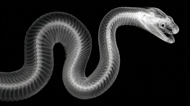 X-ray image of a snake head and body showing skeletal structure and scales for science and biology research