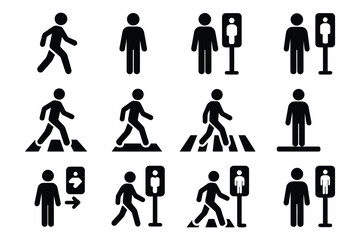 Collection of pedestrian crossing and walking silhouettes with traffic signals
