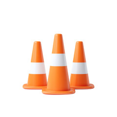 Three orange traffic cones on a white background for road safety and construction.