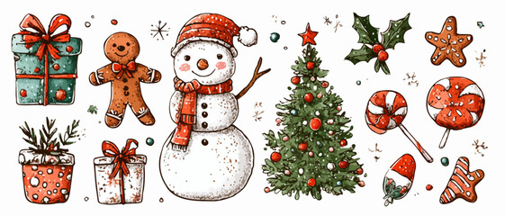 Una festosa collezione di elementi natalizi disegnati a mano, perfetti per decorazioni e design invernali, evocando la magia delle vacanze.