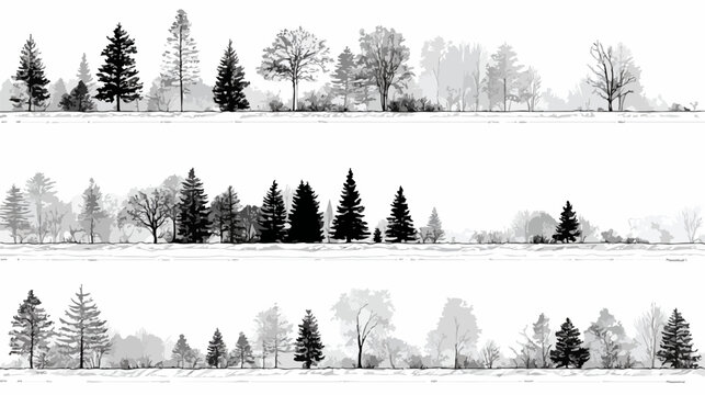 Una collezione elegante di sagome di alberi vettoriali in bianco e nero, ideale per progetti di design che richiedono elementi naturali stilizzati e versatili.