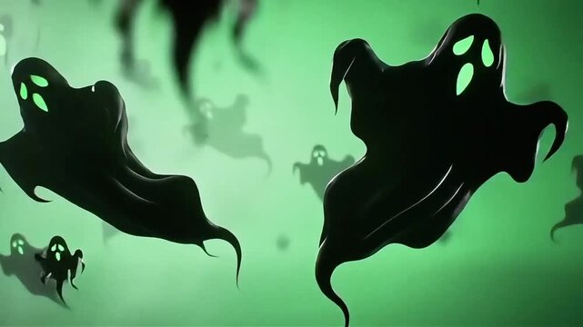 Spooky flying ghosts animation on green screen background for Halloween video editing, eerie floating spirits motion clip, scary ghostly scene for chroma key projects