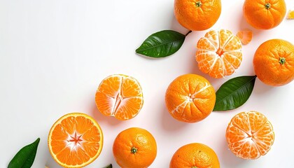 Whole and Sliced Tangerines With Green Leaves Arranged On A White Background In A Top Down View With Soft Lighting