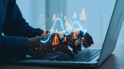 Economic caution visual showing risk alerts and financial volatility. Warning signs highlight...
