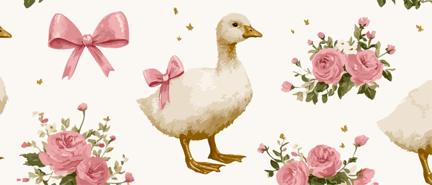 Incantevole modello vettoriale senza cuciture con oche acquerellate, fiocchi rosa e delicati bouquet floreali, perfetto per decorazioni infantili e celebrazioni.