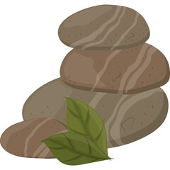 Stack of Smooth Brown River Stones Balanced Precariously with Green Leaves in a Serene Nature Setting Detailed Macro View