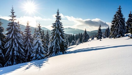 Winter forest landscape with snow covered pine trees and bright sun shining through the branches on a clear day