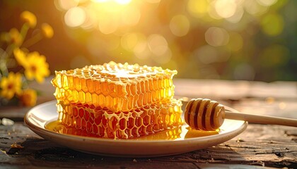 Natural Honeycomb Stacked On A Plate With Honey Drizzling Down And A Honey Dipper Set Against A Softly Blurred Background With Golden Sunlight Filtering Through Leaves