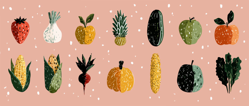 Illustrazione vettoriale artistica che presenta una varietà colorata di frutta e verdura fresca, ideale per design legati alla nutrizione e al benessere.