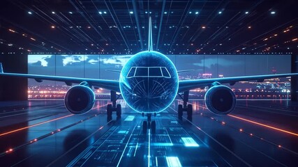 Futuristic digital interface with airplane hologram - Powered by Adobe