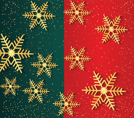 Elegant golden snowflakes on a split background of festive red and deep green, adorned with sparkling glitter; a beautiful holiday or Christmas greeting card design.