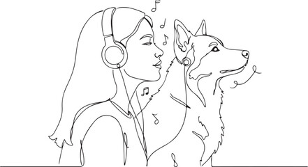 One Line Art of a Woman and Dog Listening to Music with Headphones, Illustrating Companionship, Relaxation, and Musical Harmony.