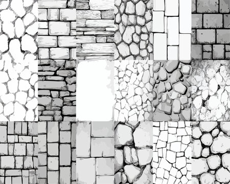 Una collezione diversificata di texture murali in bianco e nero, raffiguranti mattoni e pietre con varie geometrie, ideale per sfondi e design grafici.