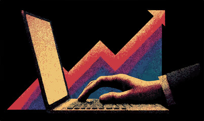 Una mano digita su un laptop, mentre un grafico ascendente simboleggia crescita, successo e progresso nel panorama digitale e finanziario.