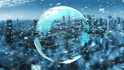 A digital globe overlays a bustling urban landscape, showcasing data elements and technology interfaces, symbolizing progress and connectivity in modern cities. Xenic