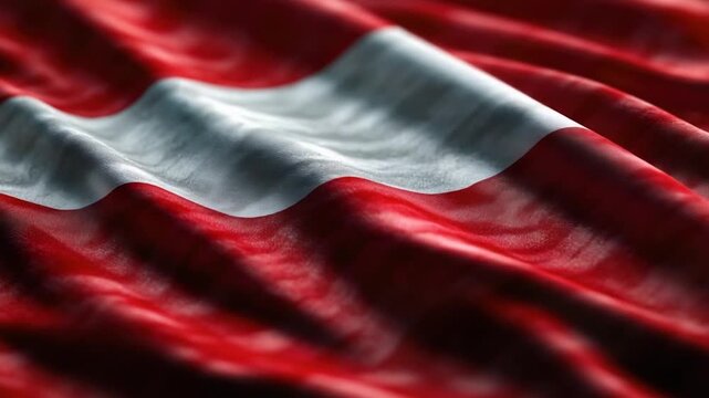 Close-up view of a red and white flag with bold colors and sharp details