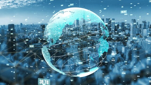 A digital globe overlays a bustling urban landscape, showcasing data elements and technology interfaces, symbolizing progress and connectivity in modern cities. Xenic - Powered by Adobe