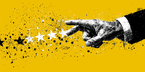 Una mano decisa indica e valuta una serie di stelle, rappresentando concetti di qualità, feedback e successo in un contesto grafico moderno e astratto.