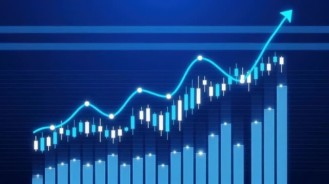 A financial chart data analysi growth trend market analytic busines succes acros stock market with blue background bar chart line chart and rising arrow showcasing upward trend blue data analytics