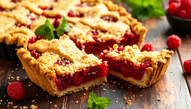 Fresh raspberry pie on a wooden table