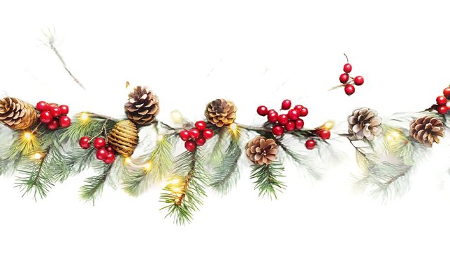 Christmas garland with pine cones and red berries isolated on white background - Powered by Adobe