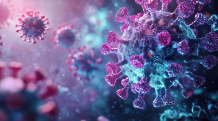 Microscopic View of Coronavirus Particles in Vibrant Colors