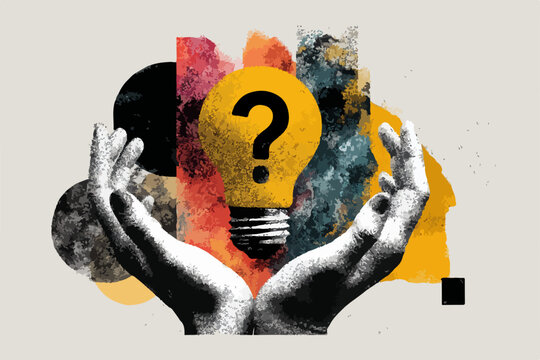 Mani che accolgono una lampadina con punto interrogativo, un'illustrazione vettoriale astratta e concettuale che simboleggia la ricerca di idee e la risoluzione creativa.