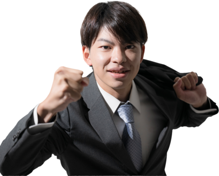 ガッツポーズの若い男性カメラ目線　リクルートとや就活のイメージ　背景透明	