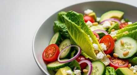 Fresh salad in a light gray bowl with lettuce tomato cucumber avocado onion and cheese
