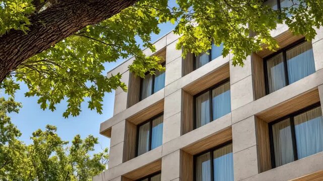 Medium shot capturing the application of modern cladding panels on a dormitory exterior to enhance insulation and contemporary style