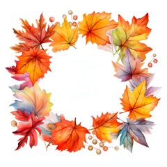 Fototapeta premium Autumn leaves watercolor wreath with red and orange tones