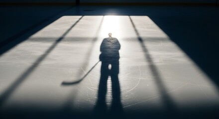 Solitary Hockey Player in Shadow: A solitary hockey player stands on the ice, immersed in thought, as long shadows dance around, illuminating the arena and creating a scene of focused determination.