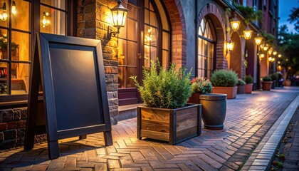 Cozy Restaurant Exterior with Blank Chalkboard and Potted Plants at Dusk