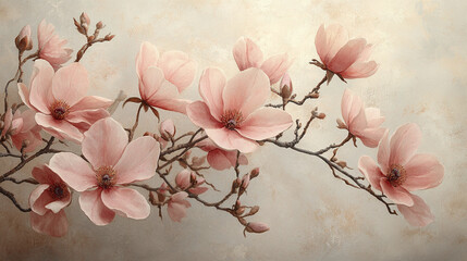 Graceful arrangement of blooming pink magnolia flowers on delicate branches with soft petals and subtle background creating serene and elegant floral composition