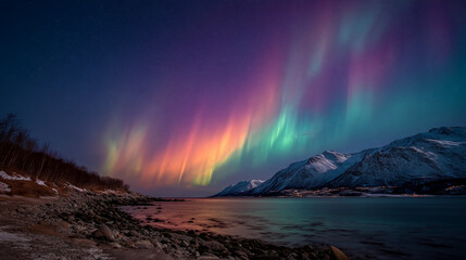 Naklejka premium Vibrant Northern Lights Dancing Over Snowy Mountains and Fjord 