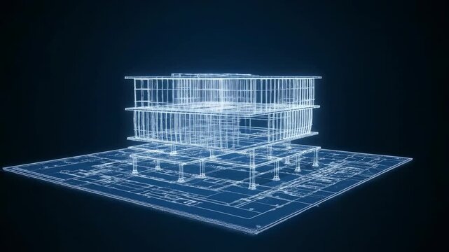 Dynamic abstract animation illustrating architectural blueprints seamlessly transforming into a three-dimensional wireframe model of an innovative building structure lines, modern, conceptual