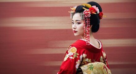 Geisha Elegance in Tradition: A portrait of a geisha adorned in a vibrant kimono and elaborate hairstyle, embodying grace, beauty, and the rich cultural heritage. 