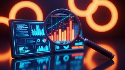 A data analytic finance chart with magnifying glas neon glowing dashboard highlighting trend growth, busines performance, statistics, and modern technology insight through bar chart line graph data - Powered by Adobe