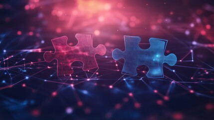 Digital Puzzle Pieces Connecting in Networked Abstract Background