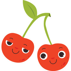 Cute Red Cherry Pair With Green Stems and Leaves A Whimsical Cartoon Illustration With Happy Expressive Faces On Transparent Background