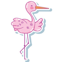 Cute Pink Stork Bird Standing On One Leg With Orange Beak And Happy Expression Isolated On White Background Pixel Art Style