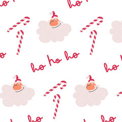 Funny seamless pattern with Santa face, candy canes, and Ho Ho Ho lettering. Playful festive vector background for Christmas wrapping paper, fabric, and holiday design