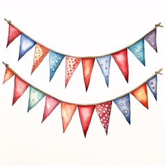 Obraz premium Watercolor illustration of two bunting strings with colorful triangular flags