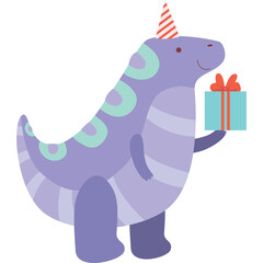 Cute Purple Dinosaur Wearing Party Hat Holding Gift Box Festive Celebration Illustration Transparent Background