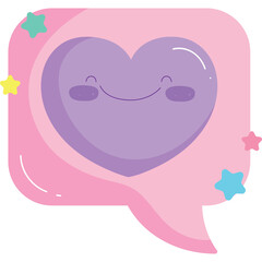 Cute Purple Heart Character With Happy Face Inside Pink Speech Bubble Surrounded By Small Colorful Stars Transparent Background Vector Art